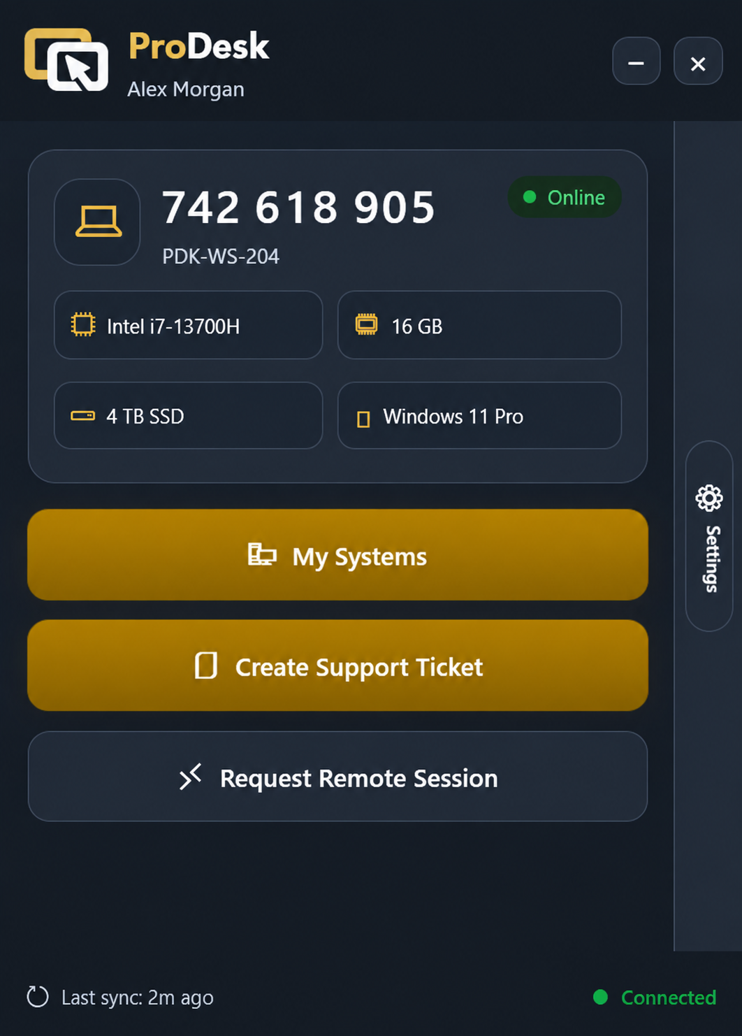ProDesk home screen showing device information and support actions