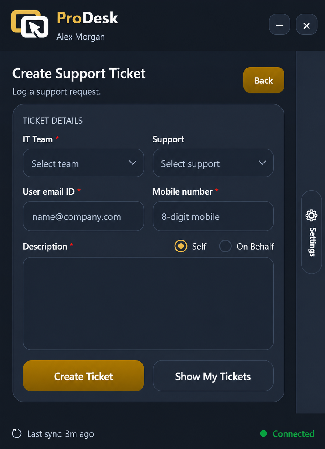 ProDesk create support ticket screen